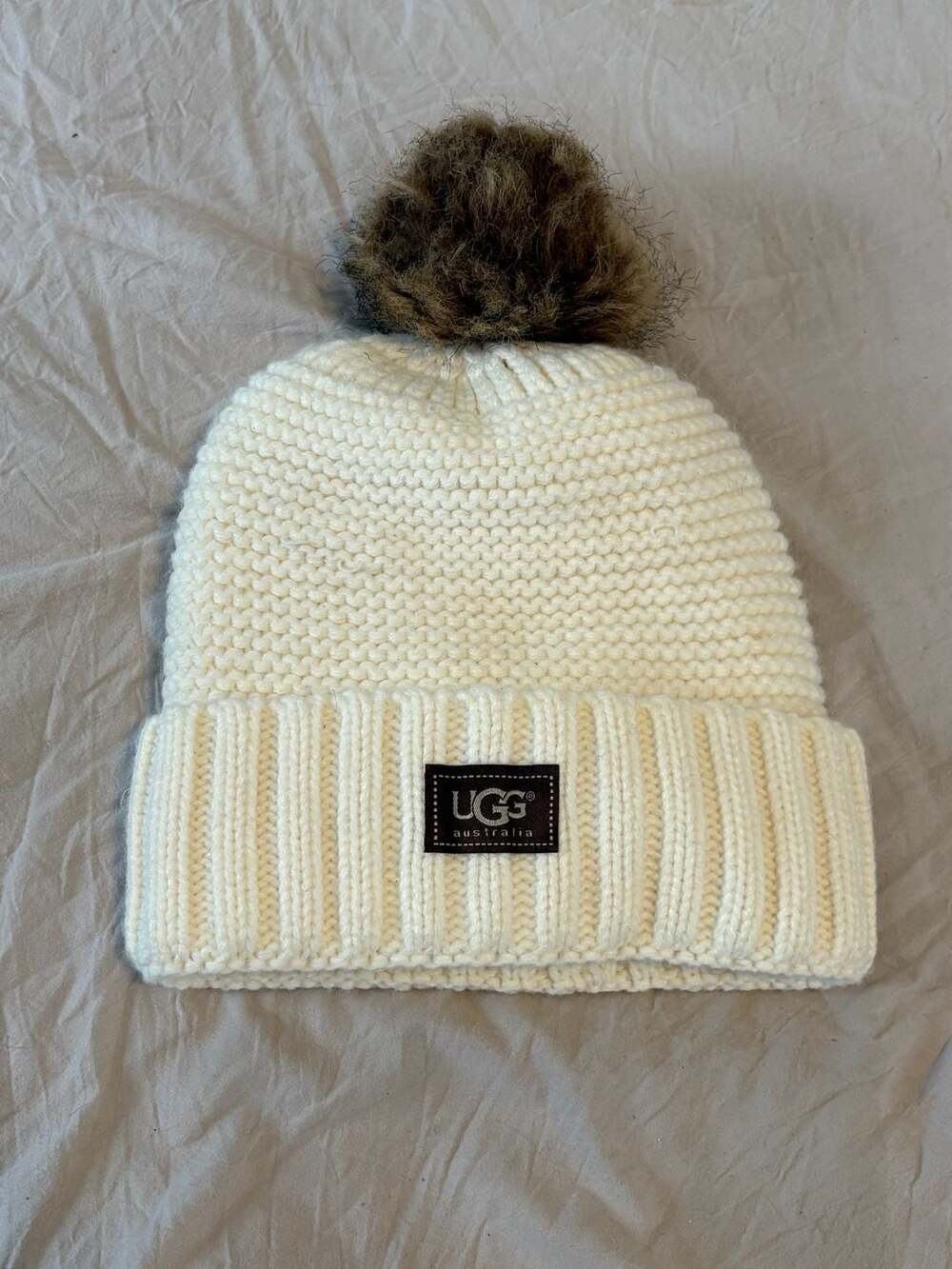 UGG Cream Knit Beanie Hat with Pom One Size